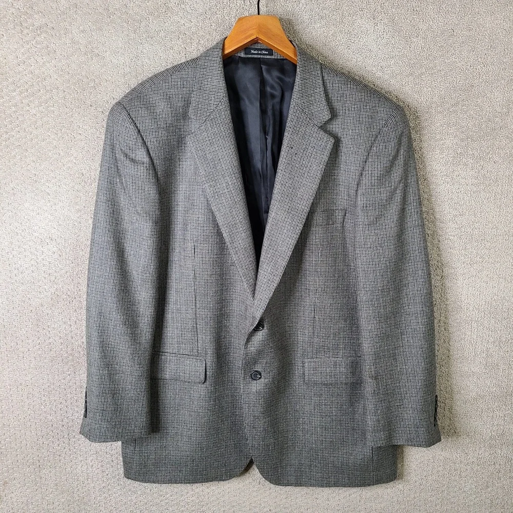 Chaps‎ Jacket Mens 46R Gray Micro Check Blazer Two Button Lambswool Tweed Coat